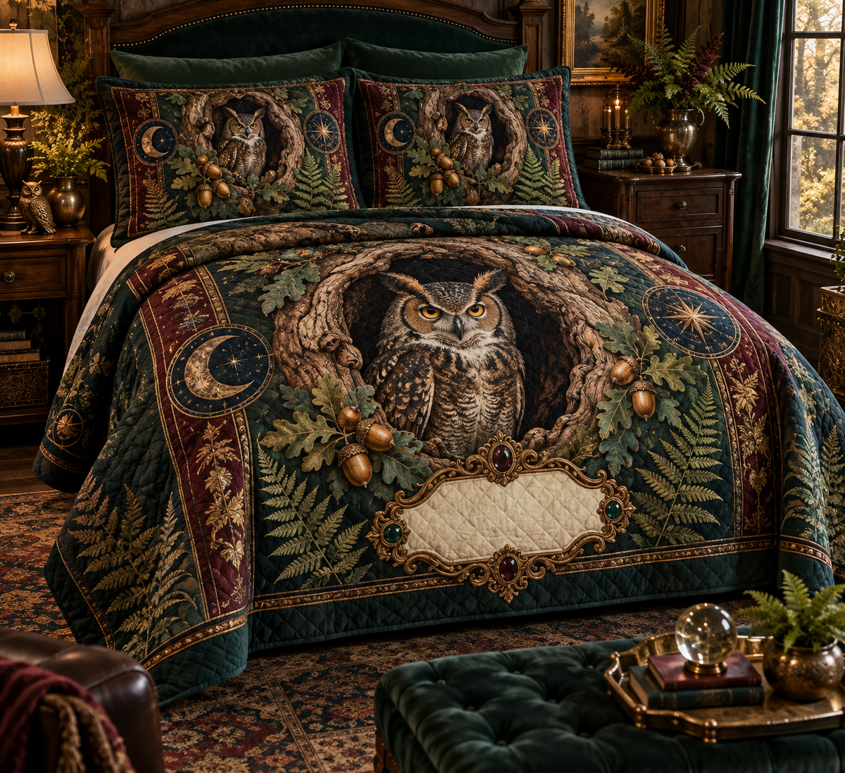 One quilt and two matching shams with a great horned owl, antique oak hollow, ferns, acorns and a blank ornate cartouche.