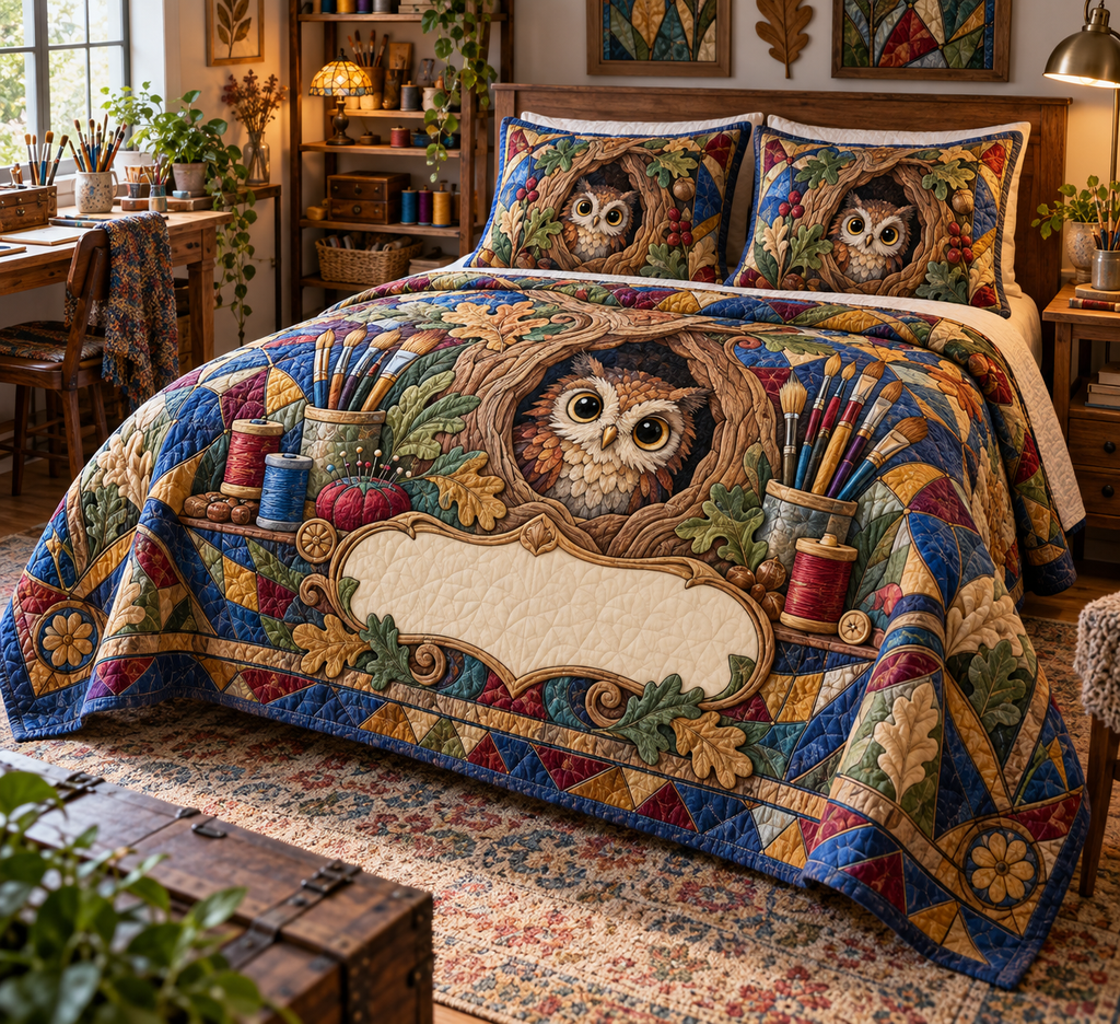 One quilt and two matching shams with a little owl, oak hollow, art tools, thread spools, mosaic colors and blank studio panel.