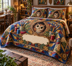 One quilt and two matching shams with a little owl, oak hollow, art tools, thread spools, mosaic colors and blank studio panel.
