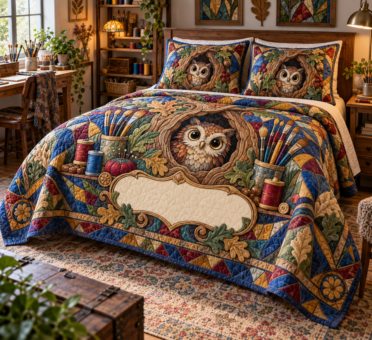 One quilt and two matching shams with a little owl, oak hollow, art tools, thread spools, mosaic colors and blank studio panel.