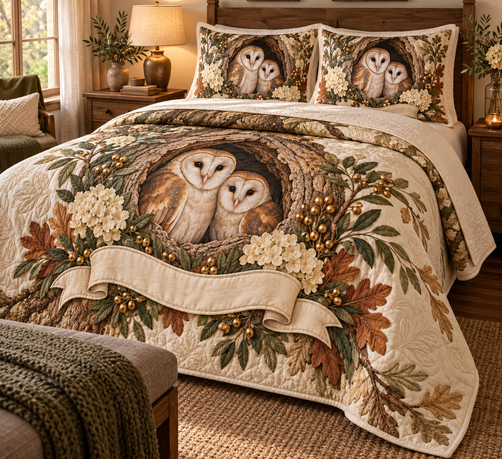 One quilted bedding set with two barn owls, oak hollow, olive branches, cream hydrangeas and a blank ribbon panel.