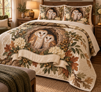 One quilted bedding set with two barn owls, oak hollow, olive branches, cream hydrangeas and a blank ribbon panel.
