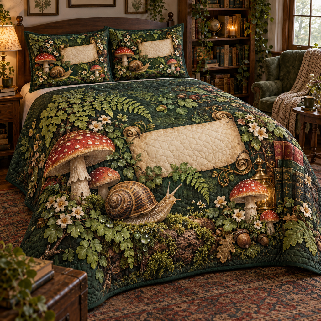One quilted bedding set with a storybook snail, red toadstools, moss, ferns, cream flowers and a blank scroll panel.