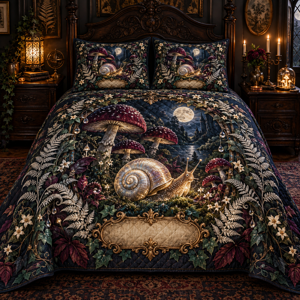 One quilted bedding set with a pearl-shell snail, moonlit toadstools, silver ferns, plum leaves and a blank gold cartouche.