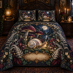 One quilted bedding set with a pearl-shell snail, moonlit toadstools, silver ferns, plum leaves and a blank gold cartouche.