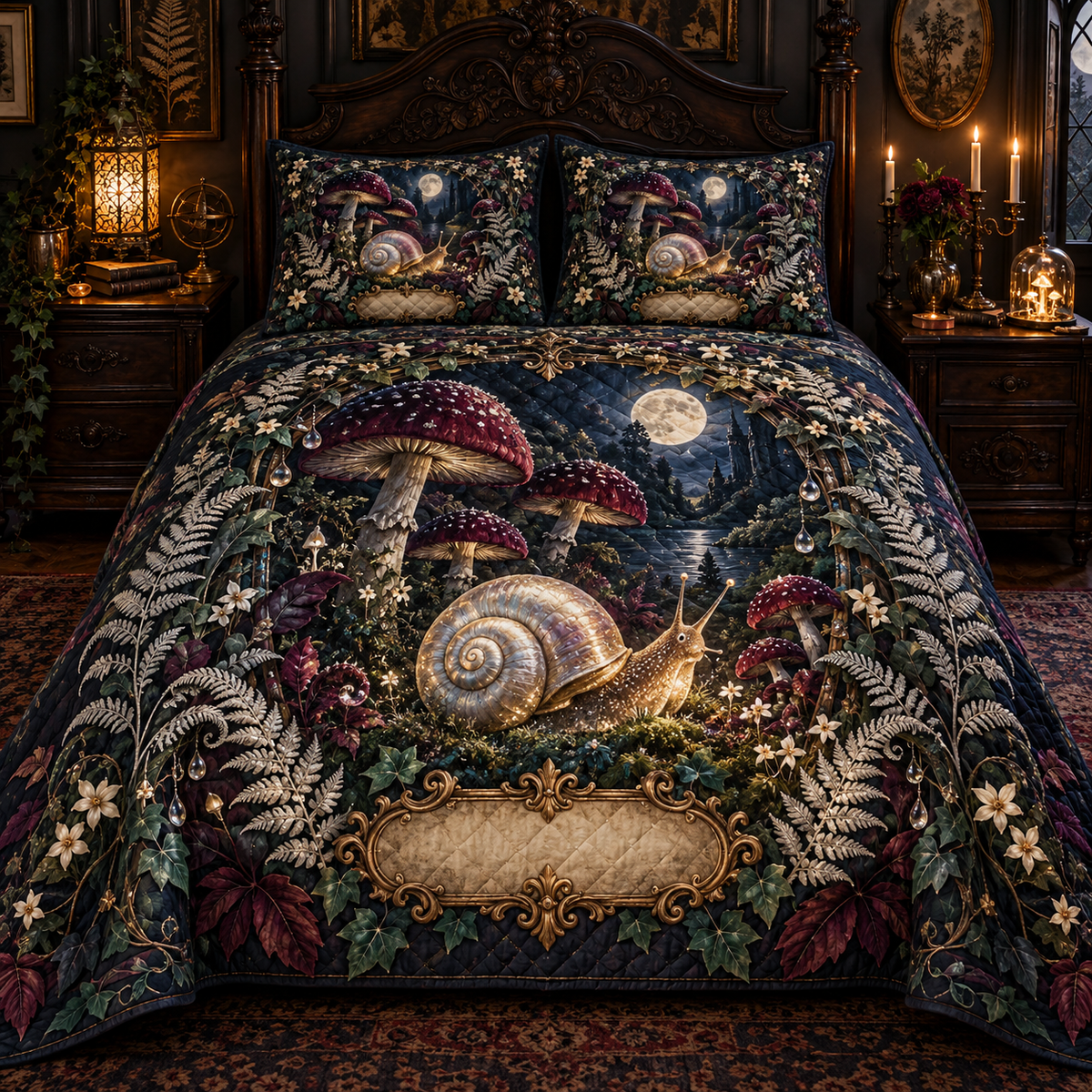 One quilted bedding set with a pearl-shell snail, moonlit toadstools, silver ferns, plum leaves and a blank gold cartouche.
