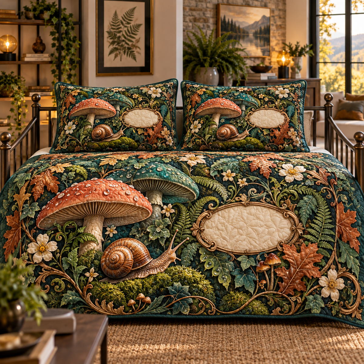 One quilted bedding set with a copper-shell snail, coral and teal toadstools, ferns, amber leaves and a blank oval plaque.