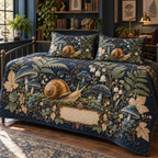 One quilted bedding set with an amber-shell snail, indigo toadstools, sage ferns, parchment leaves and a blank bookplate.