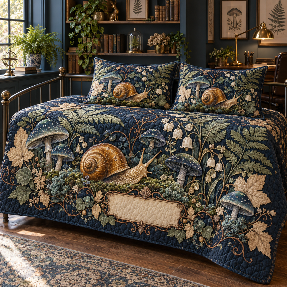 One quilted bedding set with an amber-shell snail, indigo toadstools, sage ferns, parchment leaves and a blank bookplate.