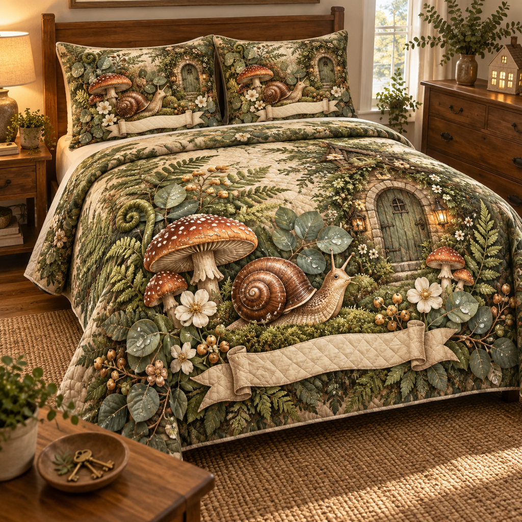 One quilted bedding set with a chestnut-shell snail, sage toadstools, cottage doorway, wildflowers and a blank ivory ribbon.