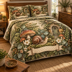One quilted bedding set with a chestnut-shell snail, sage toadstools, cottage doorway, wildflowers and a blank ivory ribbon.