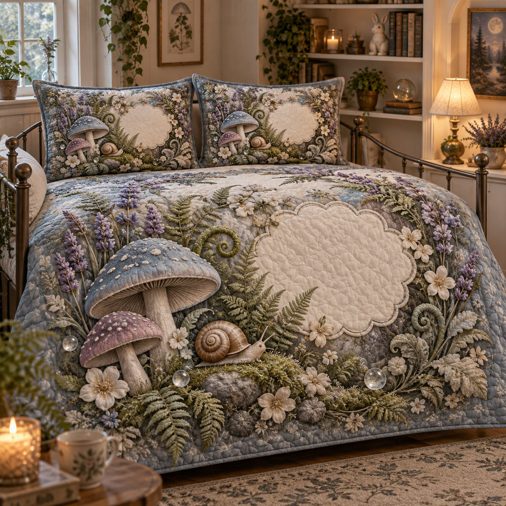 One quilted bedding set with a resting snail, dusty-blue and mauve toadstools, lavender, ferns and a blank scalloped panel.