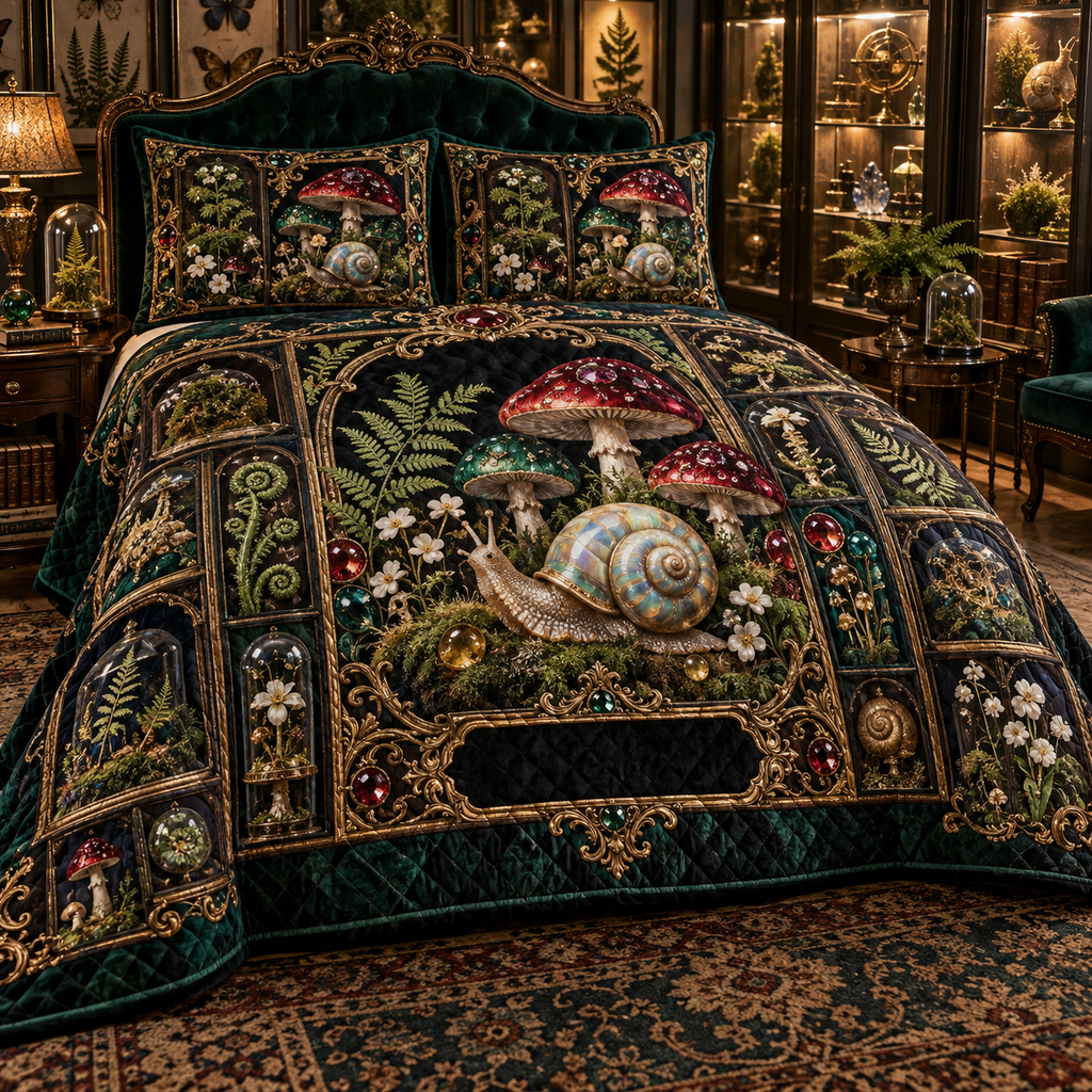 One quilted bedding set with an opalescent snail, jewel-tone toadstools, specimen cases, ferns and a blank gold plaque.
