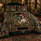 One quilted bedding set with an opalescent snail, jewel-tone toadstools, specimen cases, ferns and a blank gold plaque.