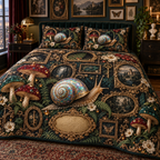 One quilted bedding set with an opalescent snail, framed jewel-tone toadstools, ferns and a blank gold cartouche.
