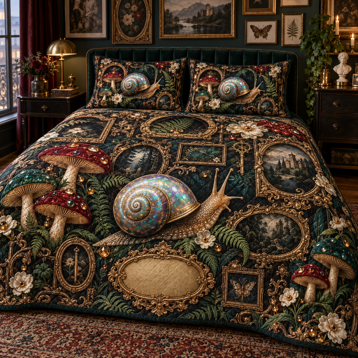 One quilted bedding set with an opalescent snail, framed jewel-tone toadstools, ferns and a blank gold cartouche.