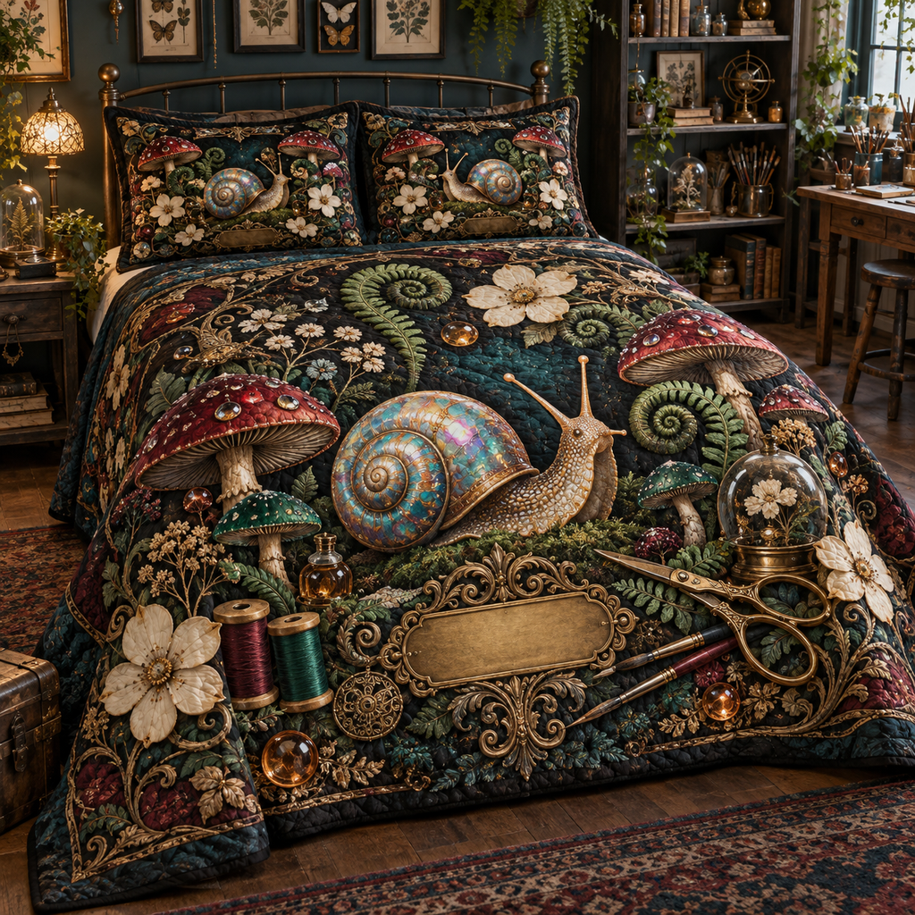 One quilted bedding set with an opalescent snail, jewel-tone toadstools, ferns, maker tools and a blank gold plaque.