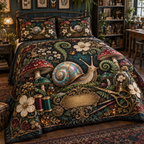 One quilted bedding set with an opalescent snail, jewel-tone toadstools, ferns, maker tools and a blank gold plaque.