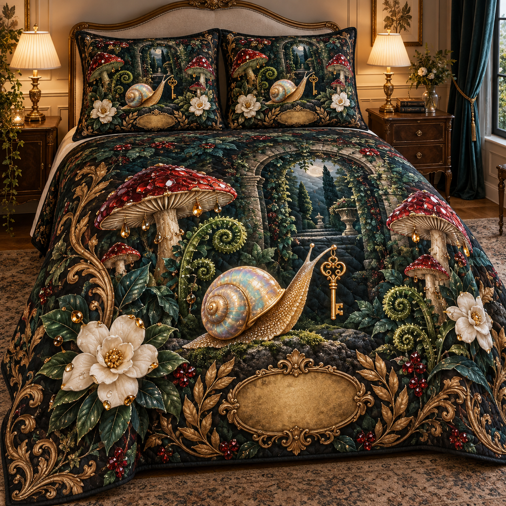 One quilted bedding set with an opalescent snail, golden key, jewel-tone toadstools, ivory gardenias and a blank gold plaque.