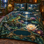 One quilted bedding set with an emerald frog, moonlit pond, luminous water lilies, dragonflies and a blank dark-teal plaque.
