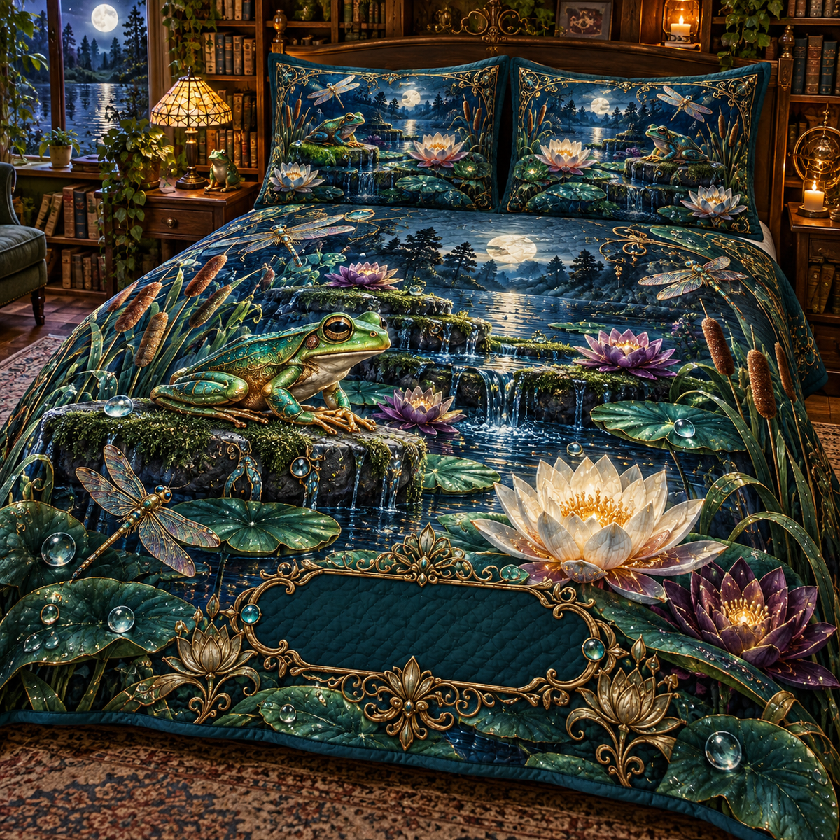 One quilted bedding set with an emerald frog, moonlit pond, luminous water lilies, dragonflies and a blank dark-teal plaque.