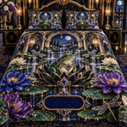 One quilted bedding set with a crowned emerald frog, black lotus throne, sapphire and amethyst lilies and a blank deep-sapphire plaque.