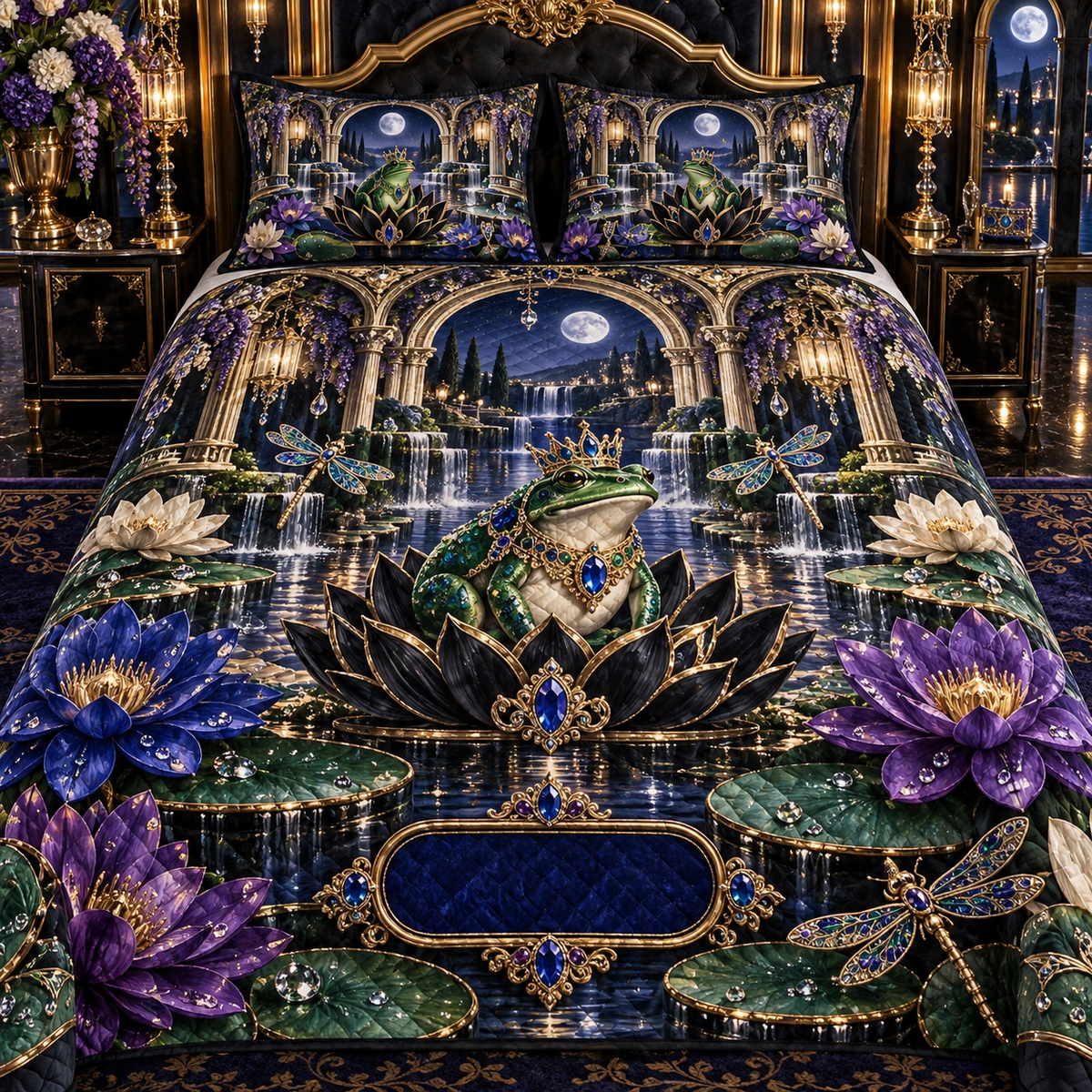 One quilted bedding set with a crowned emerald frog, black lotus throne, sapphire and amethyst lilies and a blank deep-sapphire plaque.