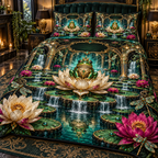 One quilted bedding set with an emerald frog, luminous lotus pedestal, turquoise cascading pond, jewel dragonflies and a blank black-green plaque.