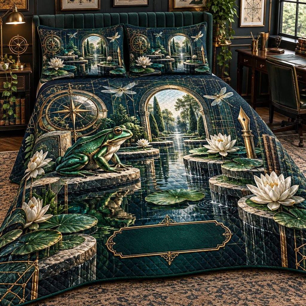 One quilted bedding set with a focused emerald frog, stepped lily-pad pond, white lotus, fine-line dragonflies, brass compass motifs, fountain-pen nibs, grid arches and a blank deep-teal plaque.