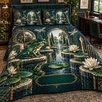 One quilted bedding set with a focused emerald frog, stepped lily-pad pond, white lotus, fine-line dragonflies, brass compass motifs, fountain-pen nibs, grid arches and a blank deep-teal plaque.