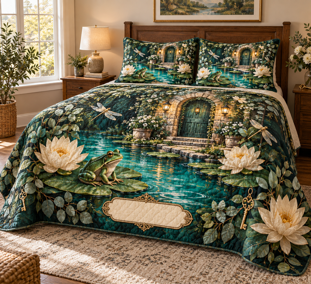 One quilted bedding set with an emerald frog, turquoise cottage pond, layered lily pads, ivory lotus flowers, dragonflies, brass keys, eucalyptus and a blank cream name plaque.