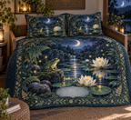 One quilted bedding set with a jade frog, moonlit indigo pond, lily pads, ivory lotus, fireflies, ferns, crescent arch and a blank mist-blue plaque.