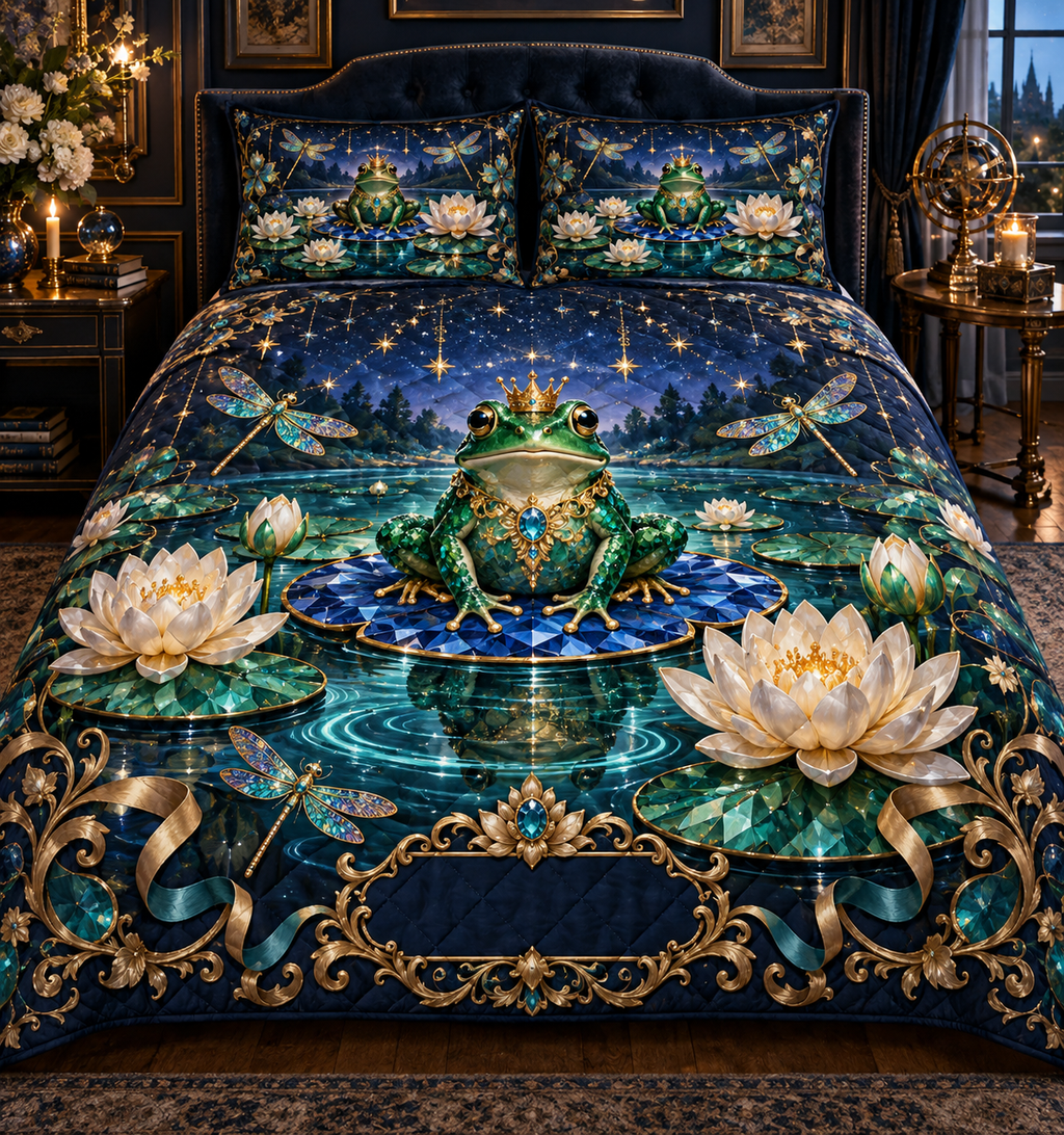 One quilted bedding set with a crowned emerald frog, faceted sapphire lily pad, luminous teal pond, pearl lotus, jewel dragonflies, gold filigree and a blank midnight-blue plaque.