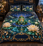 One quilted bedding set with a crowned emerald frog, faceted sapphire lily pad, luminous teal pond, pearl lotus, jewel dragonflies, gold filigree and a blank midnight-blue plaque.