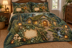 One quilted bedding set with a welcoming moss-roof cottage, glowing arched doorway, garden path, stream, antique brass house key, eucalyptus and fern wreath, acorns, cream mushrooms, amber lanterns, ribbon and a blank parchment plaque.