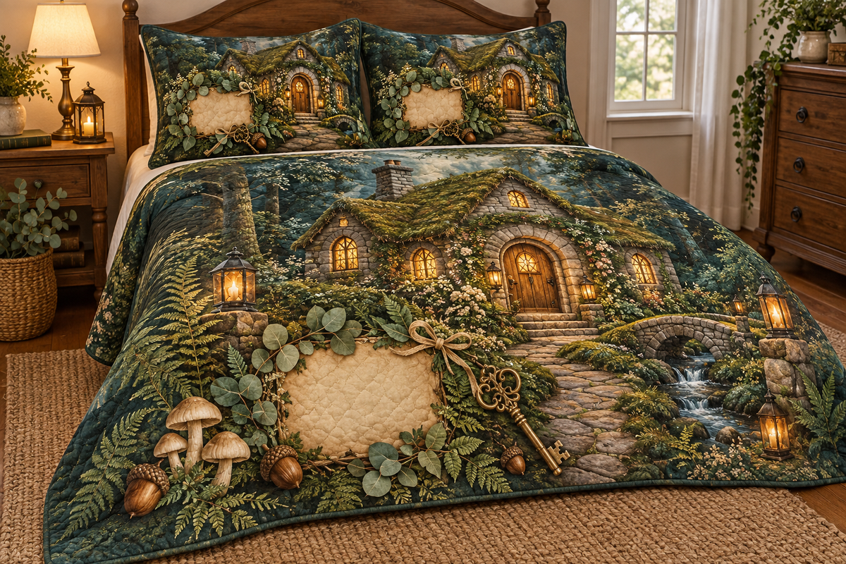 One quilted bedding set with a welcoming moss-roof cottage, glowing arched doorway, garden path, stream, antique brass house key, eucalyptus and fern wreath, acorns, cream mushrooms, amber lanterns, ribbon and a blank parchment plaque.