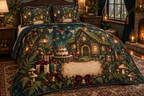 One quilted bedding set with a jewel-like moss-roof cottage, glowing arched windows, woodland cake without writing, wrapped gifts, velvet ribbons, brass bells, ferns, acorns, cream mushrooms, amber fireflies, plain pennants and a blank parchment plaque.