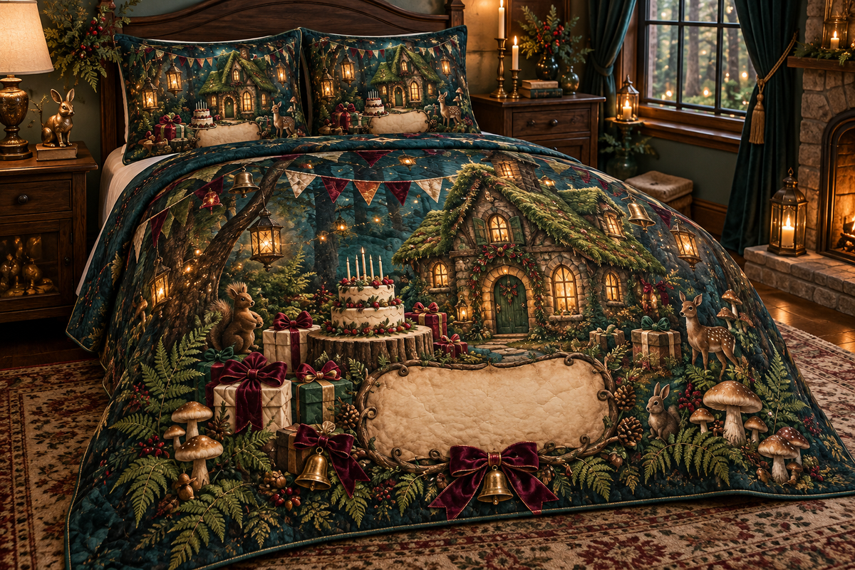One quilted bedding set with a jewel-like moss-roof cottage, glowing arched windows, woodland cake without writing, wrapped gifts, velvet ribbons, brass bells, ferns, acorns, cream mushrooms, amber fireflies, plain pennants and a blank parchment plaque.