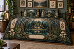 One quilted bedding set with a moss-roof cottage reflected in a dark teal pond, geometric brass arch, layered paper-cut forest, antique botanical specimens, ferns, acorns, cream mushrooms, amber fireflies and a blank parchment plaque.