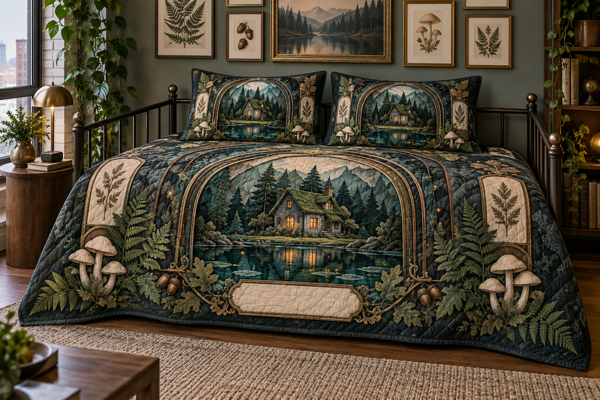 One quilted bedding set with a moss-roof cottage reflected in a dark teal pond, geometric brass arch, layered paper-cut forest, antique botanical specimens, ferns, acorns, cream mushrooms, amber fireflies and a blank parchment plaque.
