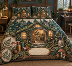 One quilted bedding set with a glowing moss-roof cottage atelier, layered forest, embroidery hoops, thread spools, brass scissors, paintbrushes, ferns, mushrooms, acorns, amber fireflies and a blank parchment plaque.