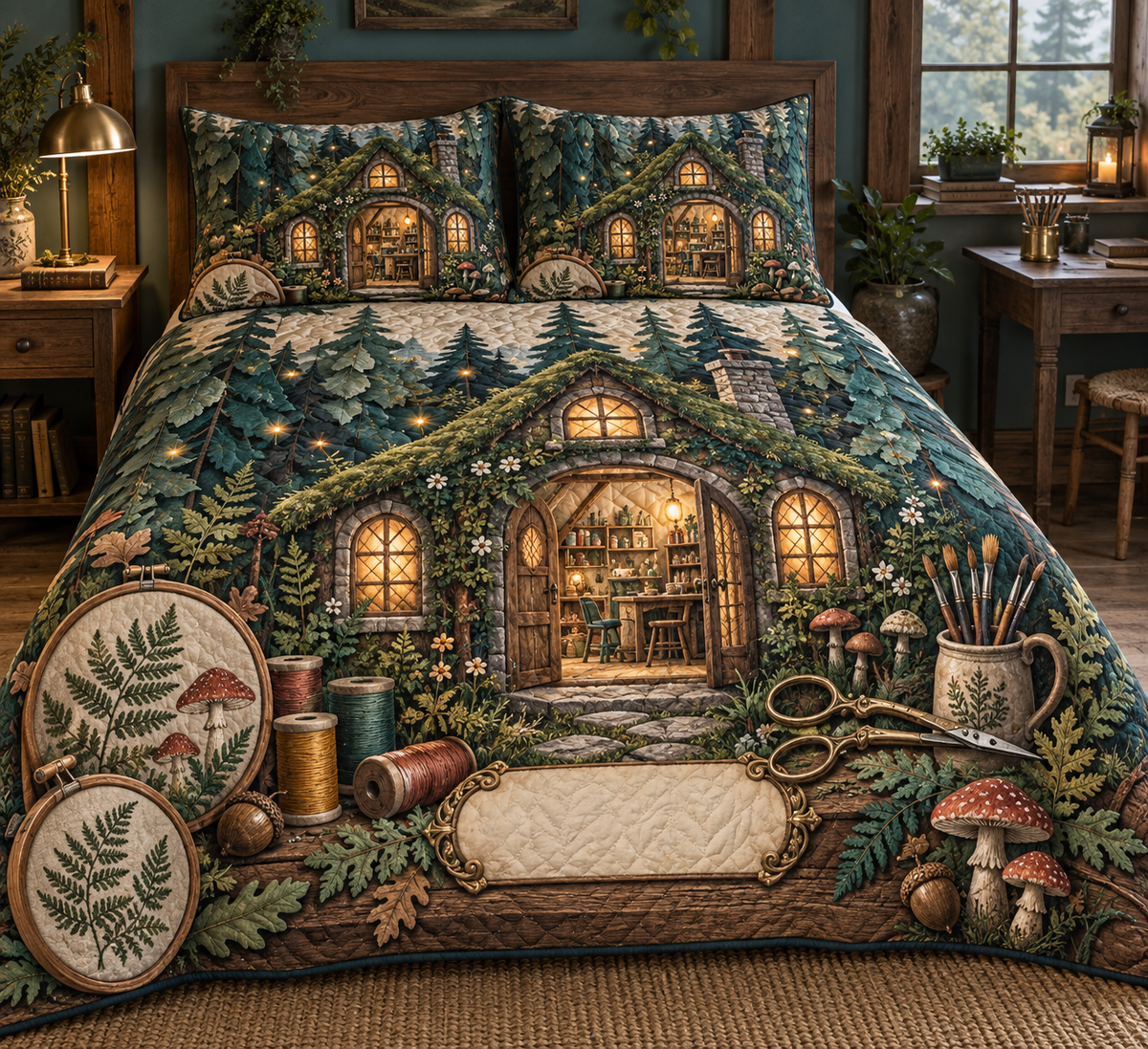One quilted bedding set with a glowing moss-roof cottage atelier, layered forest, embroidery hoops, thread spools, brass scissors, paintbrushes, ferns, mushrooms, acorns, amber fireflies and a blank parchment plaque.