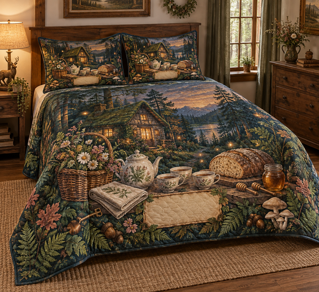 One quilted bedding set with a glowing moss-roof cottage, layered forest, wildflower basket, teapot and two cups, artisan bread, honey jar without a label, folded linen, brass key, ferns, mushrooms, acorns, amber fireflies and a blank parchment plaque.