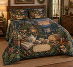 One quilted bedding set with a glowing moss-roof cottage, layered forest, wildflower basket, teapot and two cups, artisan bread, honey jar without a label, folded linen, brass key, ferns, mushrooms, acorns, amber fireflies and a blank parchment plaque.