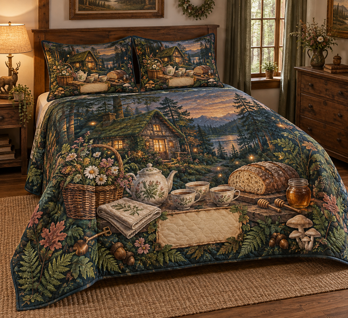 One quilted bedding set with a glowing moss-roof cottage, layered forest, wildflower basket, teapot and two cups, artisan bread, honey jar without a label, folded linen, brass key, ferns, mushrooms, acorns, amber fireflies and a blank parchment plaque.