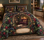 One quilted bedding set with an arched reading alcove, plum velvet armchair, brass lamp, blank books, amber fireflies, blackberry, raspberry, blueberry and red-currant brambles, cream blossoms and a blank parchment plaque.