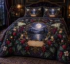 One quilted bedding set with a luminous moonlit oval window framed by blackberry, raspberry, blueberry and red-currant brambles, deep leaves, cream blossoms, luna moths, faceted dew, amber fireflies and a blank parchment plaque.