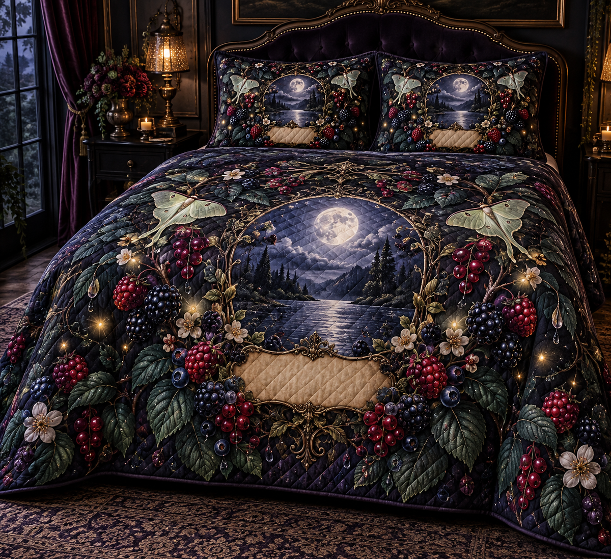 One quilted bedding set with a luminous moonlit oval window framed by blackberry, raspberry, blueberry and red-currant brambles, deep leaves, cream blossoms, luna moths, faceted dew, amber fireflies and a blank parchment plaque.