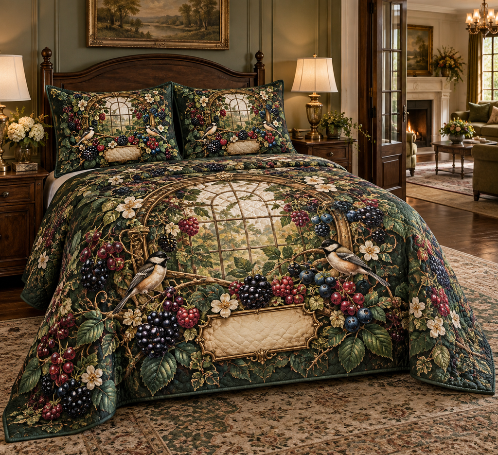 One quilted bedding set with a grand circular antique-brass trellis medallion, sunlit conservatory window, blackberry, raspberry, blueberry and red-currant brambles, two songbirds, cream blossoms, faceted dew and a blank parchment plaque.