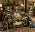 One quilted bedding set with a grand circular antique-brass trellis medallion, sunlit conservatory window, blackberry, raspberry, blueberry and red-currant brambles, two songbirds, cream blossoms, faceted dew and a blank parchment plaque.